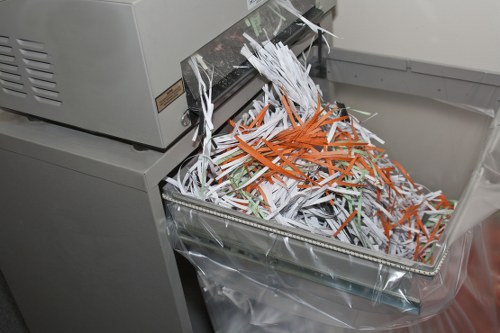 A close-up view of a paper shredder with shredded paper output in a clear plastic collection bin positioned directly below the machine, situated on a grey office or commercial workspace floor. The shredded paper consists of white, orange, and green elements, with some strips visibly curled and tangled, indicating recent operation. The shredder's top input slot is partially visible, with paper feed opening above it. The background shows part of the shredder’s grey body, with a small section of textured surface around the machine. The environment appears clean and organized, typical of a business or waste management setting, possibly linked to commercial waste removal services in Thames Ditton or nearby areas. The focus on securely shredding confidential documents aligns with professional rubbish removal practices from [COMPANY_NAME].